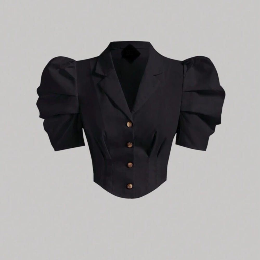 Elegant Black Puff Sleeve Blazer Top
